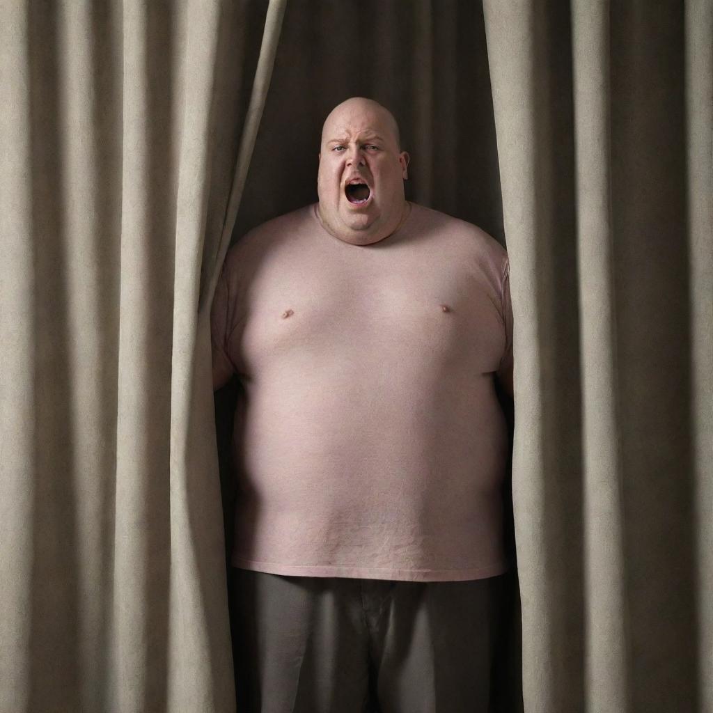 Generate a realistic image of an overweight, bald man expressing frustration towards a draped curtain.