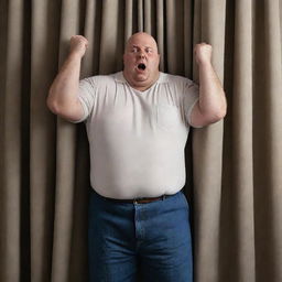 Generate a realistic image of an overweight, bald man expressing frustration towards a draped curtain.