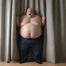 Generate a realistic image of an overweight, bald man expressing frustration towards a draped curtain.