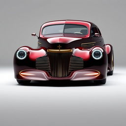 A unique supercar fusion that combines the classic charm of a 1939 Chevrolet Coupe widebody with futuristic design elements suitable for a church priest