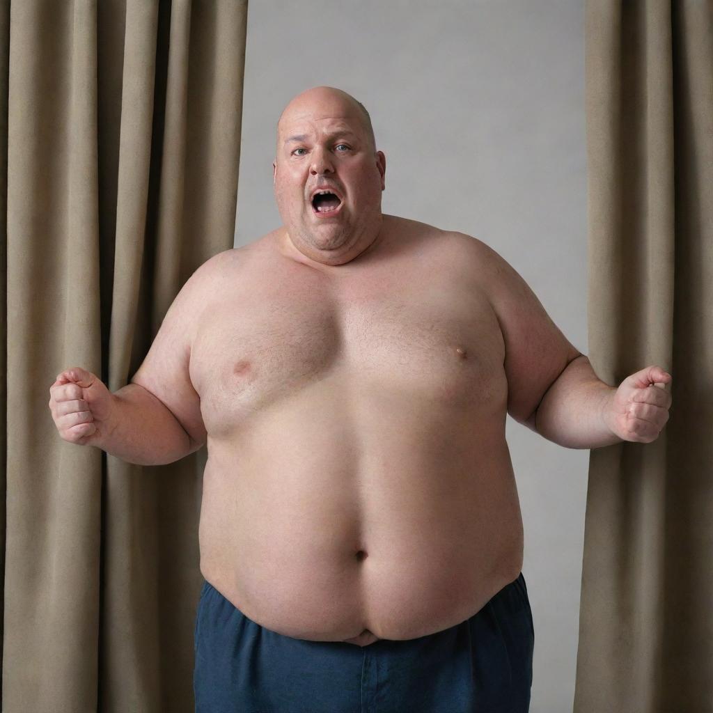 Generate a realistic image of an overweight, bald man expressing frustration towards a draped curtain.