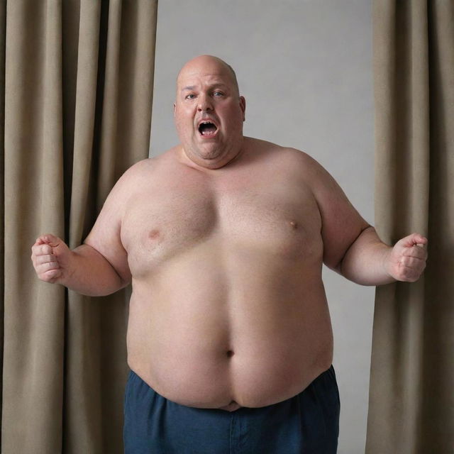 Generate a realistic image of an overweight, bald man expressing frustration towards a draped curtain.