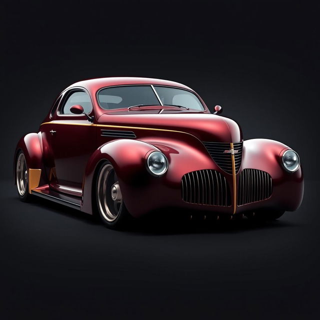 A unique supercar fusion that combines the classic charm of a 1939 Chevrolet Coupe widebody with futuristic design elements suitable for a church priest