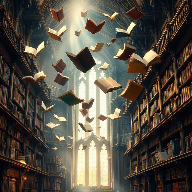 A stunning fantasy library with books flying gracefully through the air, showcasing an enchanting atmosphere filled with magic