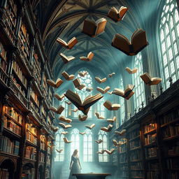 A stunning fantasy library with books flying gracefully through the air, showcasing an enchanting atmosphere filled with magic