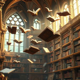 A stunning fantasy library with books flying gracefully through the air, showcasing an enchanting atmosphere filled with magic