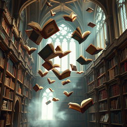 A stunning fantasy library with books flying gracefully through the air, showcasing an enchanting atmosphere filled with magic