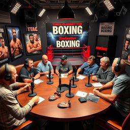 A vibrant podcast studio themed around boxing, featuring a large round table with professional microphones and headphones, surrounded by passionate boxing fans discussing their favorite fighters and upcoming matches