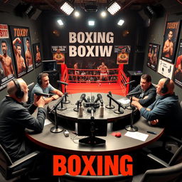 A vibrant podcast studio themed around boxing, featuring a large round table with professional microphones and headphones, surrounded by passionate boxing fans discussing their favorite fighters and upcoming matches