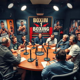 A vibrant podcast studio themed around boxing, featuring a large round table with professional microphones and headphones, surrounded by passionate boxing fans discussing their favorite fighters and upcoming matches