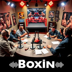 A vibrant podcast studio themed around boxing, featuring a large round table with professional microphones and headphones, surrounded by passionate boxing fans discussing their favorite fighters and upcoming matches