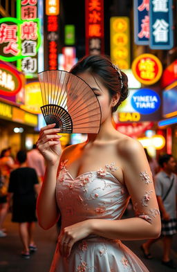 A woman dressed in elegant attire, holding a fan that partially covers her face, exuding an air of mystery and sophistication