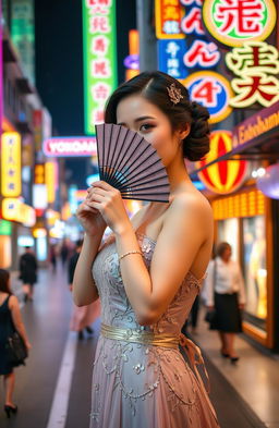 A woman dressed in elegant attire, holding a fan that partially covers her face, exuding an air of mystery and sophistication