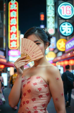 A woman dressed in elegant attire, holding a fan that partially covers her face, exuding an air of mystery and sophistication