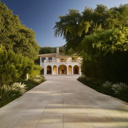 A large, exquisite driveway stretching from an elegant portico to the street, built with superior materials and lined with ornamental plants.