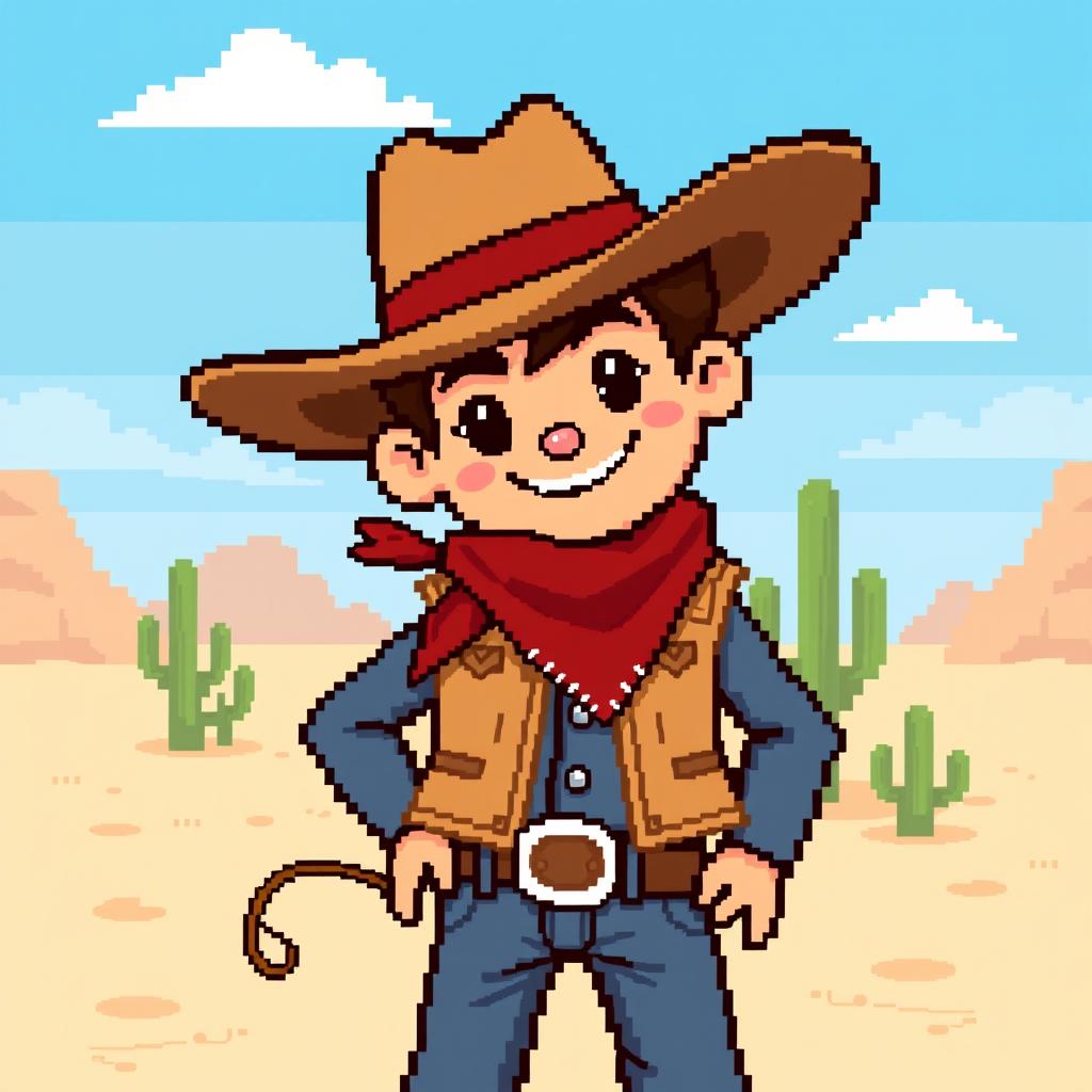 A pixel art cowboy character, designed in a 16x16 pixel resolution