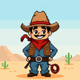 A pixel art cowboy character, designed in a 16x16 pixel resolution