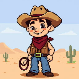 A pixel art cowboy character, designed in a 16x16 pixel resolution