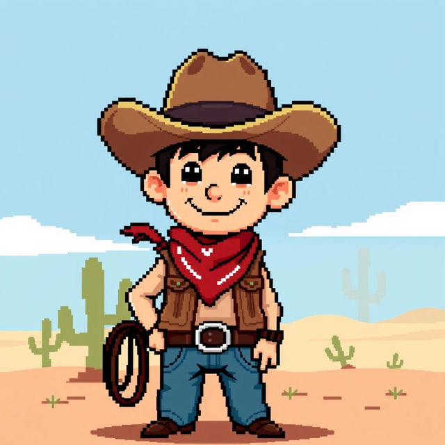 A pixel art cowboy character, designed in a 16x16 pixel resolution