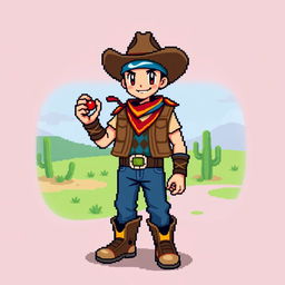 A pixel art cowboy character, styled in the perspective of a classic Pokémon game, designed in a 16x16 pixel resolution