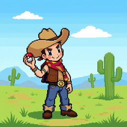 A pixel art cowboy character, styled in the perspective of a classic Pokémon game, designed in a 16x16 pixel resolution