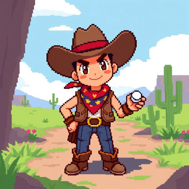 A pixel art cowboy character, styled in the perspective of a classic Pokémon game, designed in a 16x16 pixel resolution