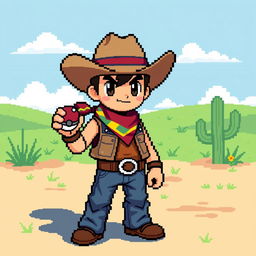 A pixel art cowboy character, styled in the perspective of a classic Pokémon game, designed in a 16x16 pixel resolution