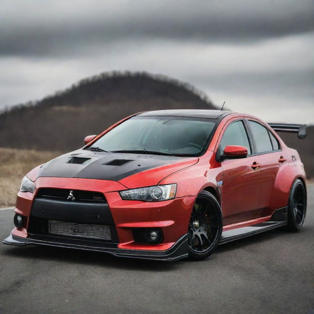 A Mitsubishi Lancer Evo X transforming into an intimidating, surreal monster car with exaggerated powerful features, menacing wheels and monstrous design elements