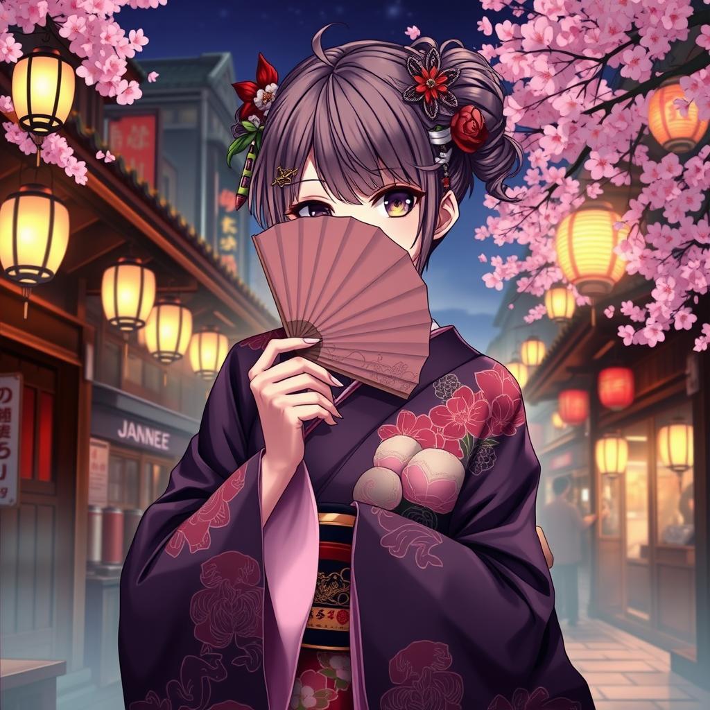 An anime-style illustration of a mysterious woman dressed in an elegant kimono, holding a fan that covers her face, adding to her enigmatic aura