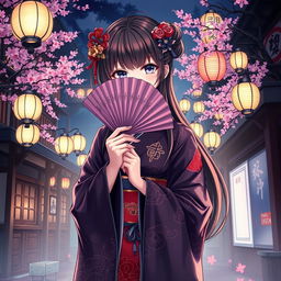 An anime-style illustration of a mysterious woman dressed in an elegant kimono, holding a fan that covers her face, adding to her enigmatic aura