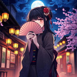 An anime-style illustration of a mysterious woman dressed in an elegant kimono, holding a fan that covers her face, adding to her enigmatic aura