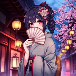 An anime-style illustration of a mysterious woman dressed in an elegant kimono, holding a fan that covers her face, adding to her enigmatic aura