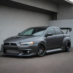 A Mitsubishi Lancer Evo X transforming into an intimidating, surreal monster car with exaggerated powerful features, menacing wheels and monstrous design elements