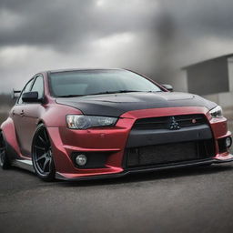 A Mitsubishi Lancer Evo X transforming into an intimidating, surreal monster car with exaggerated powerful features, menacing wheels and monstrous design elements