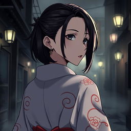 An anime-style illustration of an adult woman with a cold, elegant demeanor, dressed in a traditional kimono, facing away from the viewer