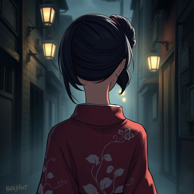 An anime-style illustration of an adult woman with a cold, elegant demeanor, dressed in a traditional kimono, facing away from the viewer