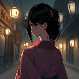 An anime-style illustration of an adult woman with a cold, elegant demeanor, dressed in a traditional kimono, facing away from the viewer