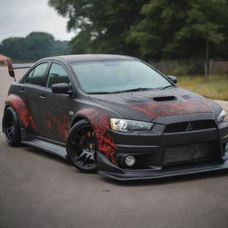 A Mitsubishi Lancer Evo X transforming into an intimidating, surreal monster car with exaggerated powerful features, menacing wheels and monstrous design elements