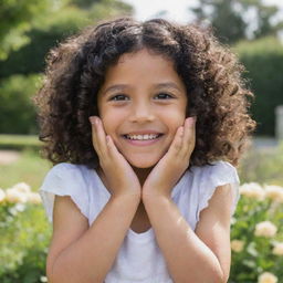 A 5-year-old girl with curly black hair and brown eyes smiling brightly, her hands cradling her faces. She's set against the picturesque backdrop of a serene garden.