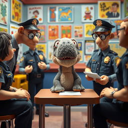 A whimsical scene depicting a fluffy T-Rex doll resembling a playful Sesame Street character being interrogated by two cartoonish police officers