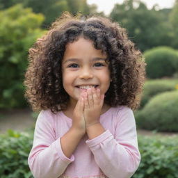 A 5-year-old girl with curly black hair and brown eyes smiling brightly, her hands cradling her faces. She's set against the picturesque backdrop of a serene garden.