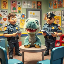 A whimsical scene depicting a fluffy T-Rex doll resembling a playful Sesame Street character being interrogated by two cartoonish police officers