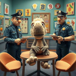 A whimsical scene depicting a fluffy T-Rex doll resembling a playful Sesame Street character being interrogated by two cartoonish police officers