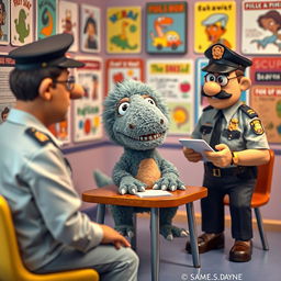 A whimsical scene depicting a fluffy T-Rex doll resembling a playful Sesame Street character being interrogated by two cartoonish police officers