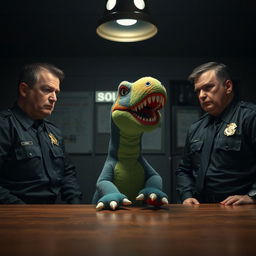 A hyper-realistic scene set in a dimly lit police station, showcasing a fluffy T-Rex doll that resembles a whimsical Sesame Street character