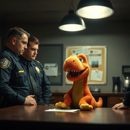 A hyper-realistic scene set in a dimly lit police station, showcasing a fluffy T-Rex doll that resembles a whimsical Sesame Street character