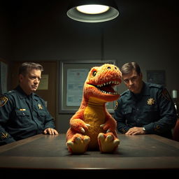 A hyper-realistic scene set in a dimly lit police station, showcasing a fluffy T-Rex doll that resembles a whimsical Sesame Street character