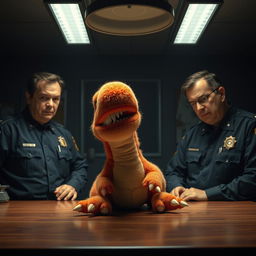 A hyper-realistic scene set in a dimly lit police station, showcasing a fluffy T-Rex doll that resembles a whimsical Sesame Street character