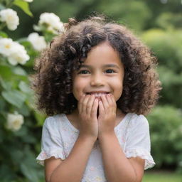 A 5-year-old girl with curly black hair and brown eyes smiling brightly, her hands cradling her faces. She's set against the picturesque backdrop of a serene garden.