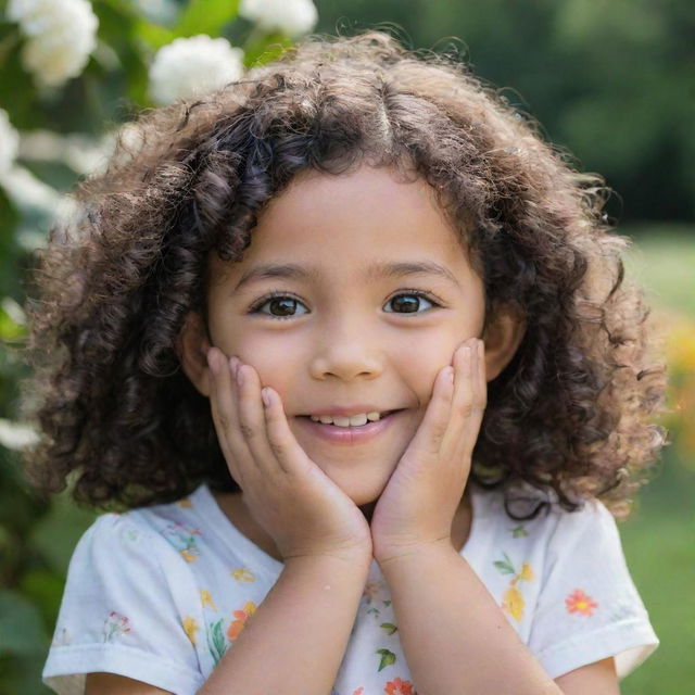 A 5-year-old girl with curly black hair and brown eyes smiling brightly, her hands cradling her faces. She's set against the picturesque backdrop of a serene garden.